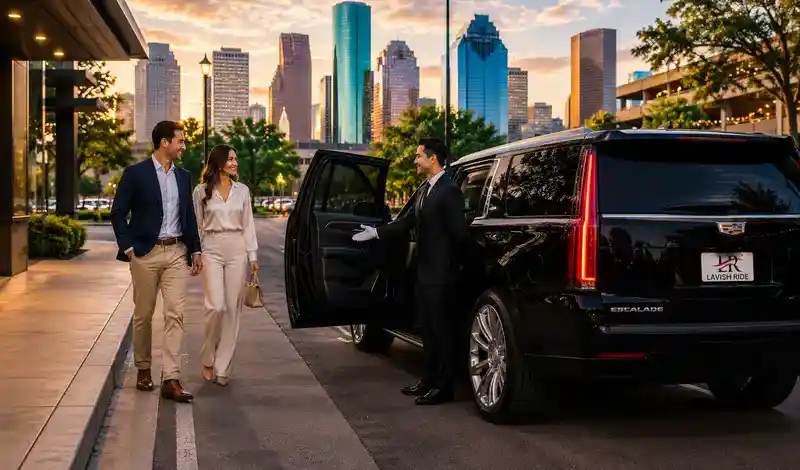 Luxury chauffeur welcoming an elegantly dressed couple to a black Cadillac Escalade in downtown Houston at sunset, with the city skyline in the background.
